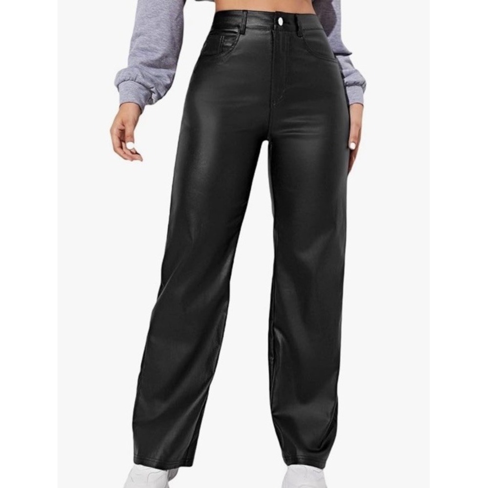 MakeMeChic Women's Size XL Leather Look High Waist Straight Leg Ankle Jeans